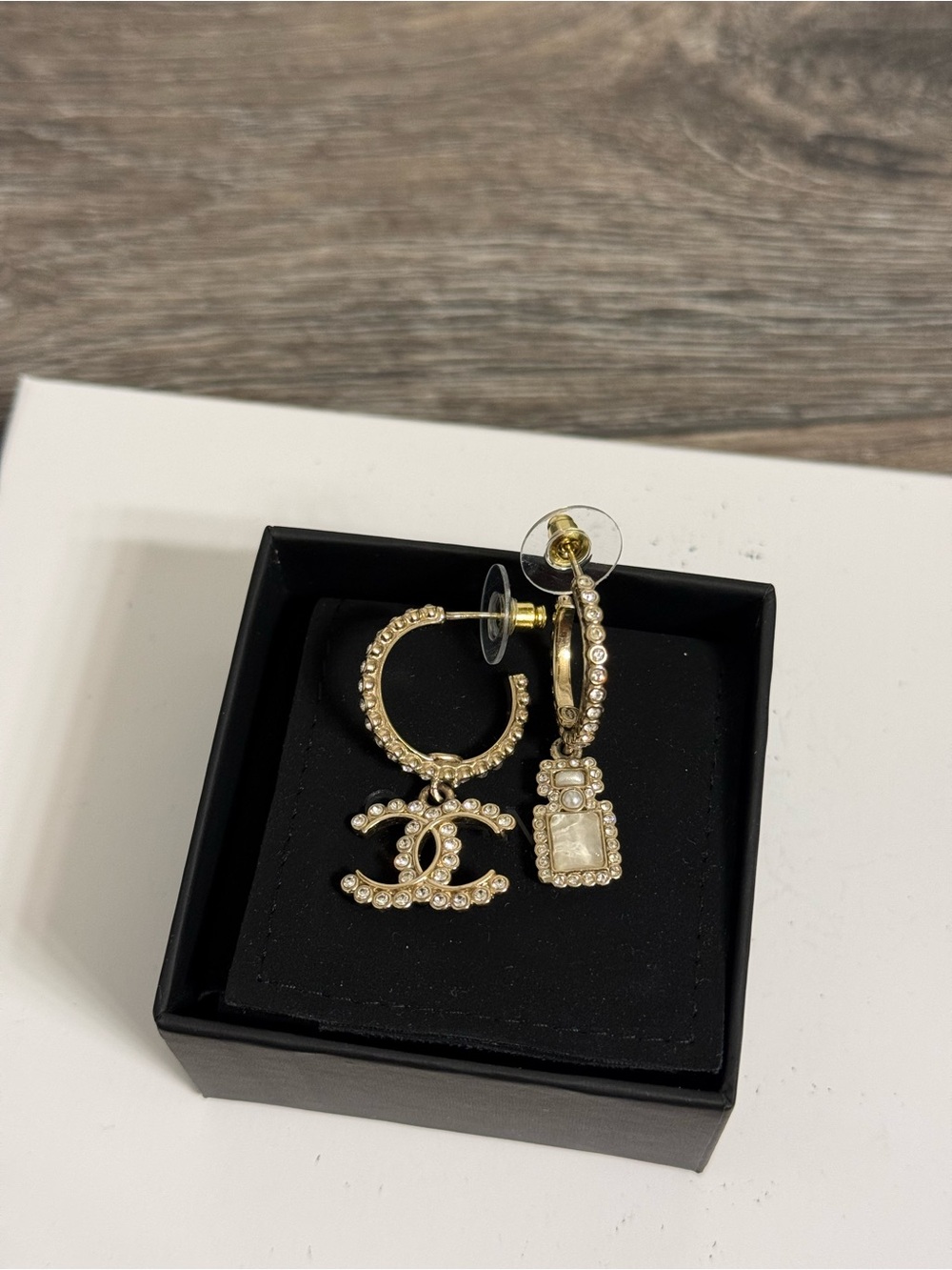Chanel Crystal Pearl CC Perfume Bottle Drop Gold Hoop Earrings